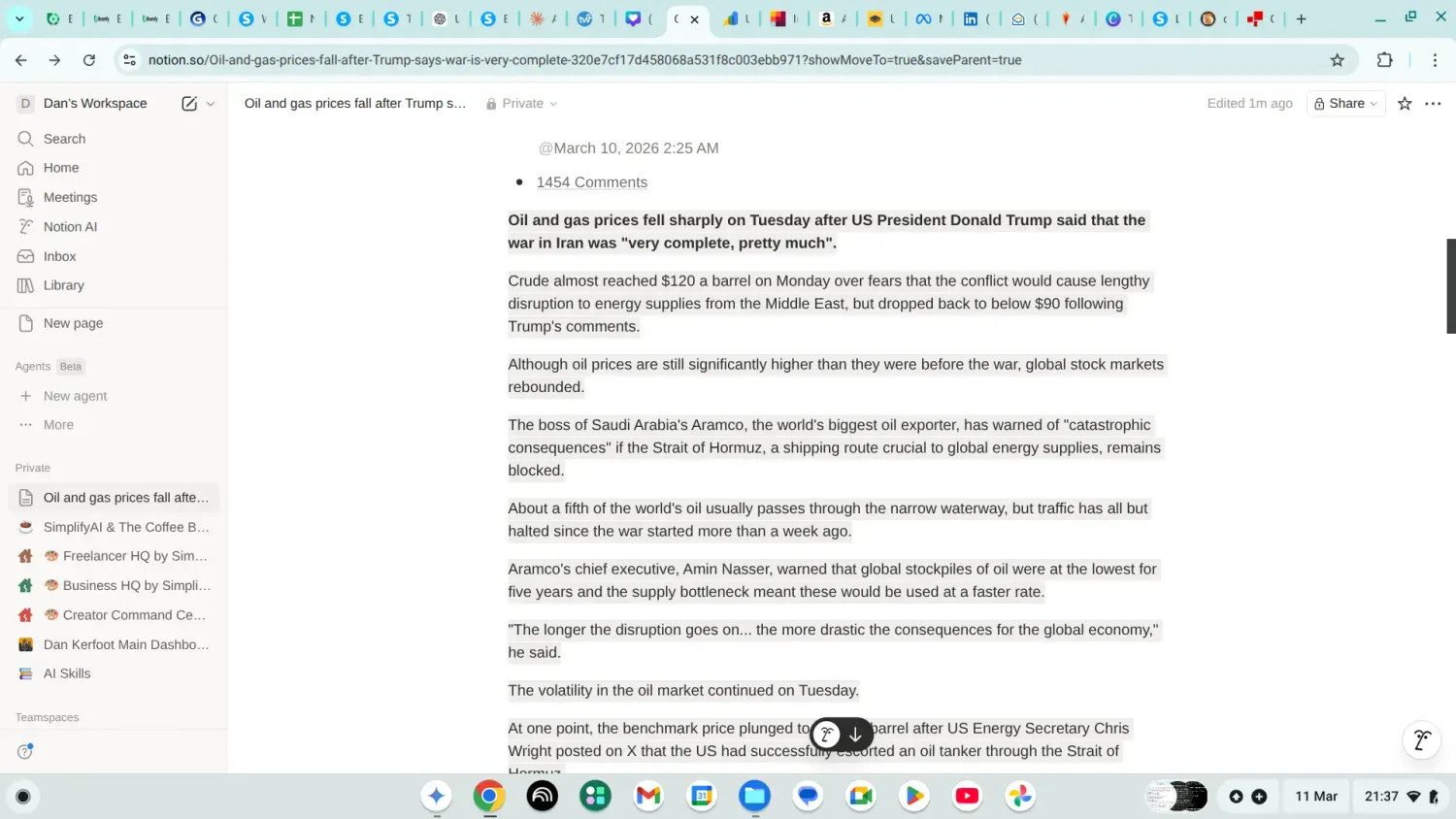 An oil and gas prices article pasted into a Notion page ready to be explained using Notion AI