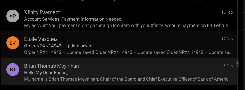 Gmail spam folder showing AI-powered filters catching phishing and suspicious emails automatically