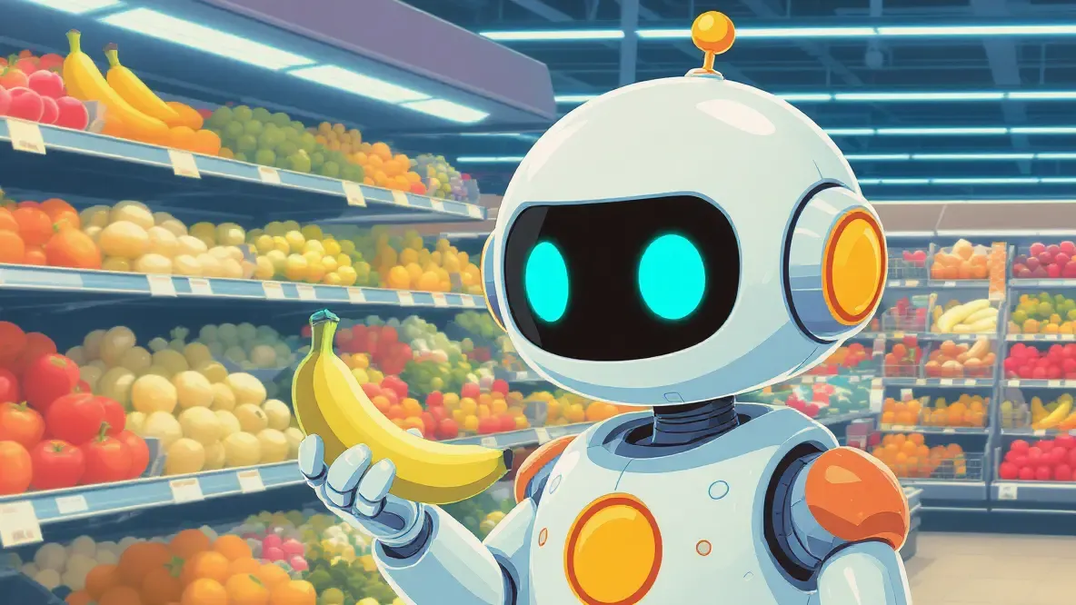 Robot holding a banana representing messy real world data and the AI data cleaning process that removes errors before machine learning training begins