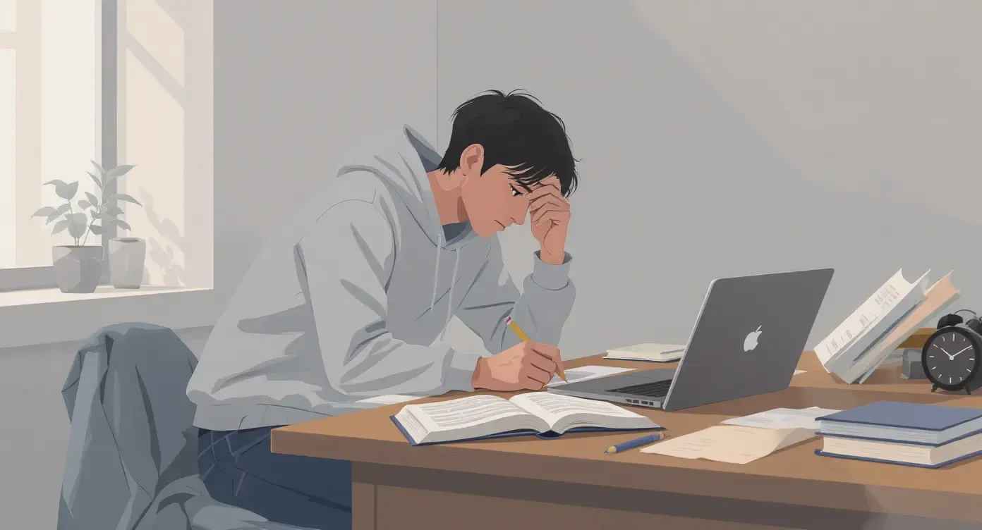 Stressed student surrounded by exam papers representing the AI overfitting problem where a model memorises training data instead of learning transferable patterns