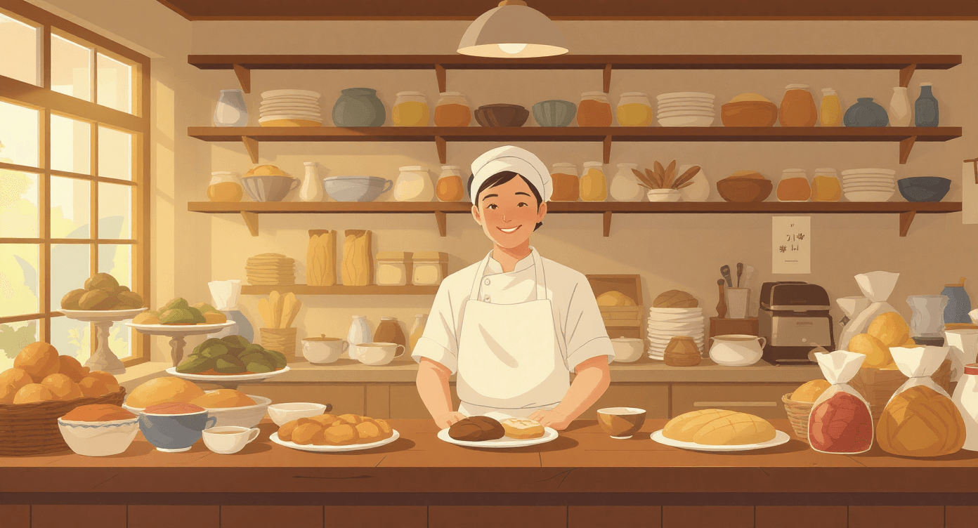 Baker in a Japanese bakery surrounded by unfamiliar ingredients representing the AI data drift problem where a model's training becomes outdated in a new context