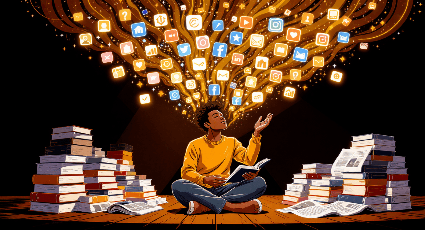 Diverse person surrounded by books newspapers and social media icons representing the vast amounts of data used to train AI machine learning models