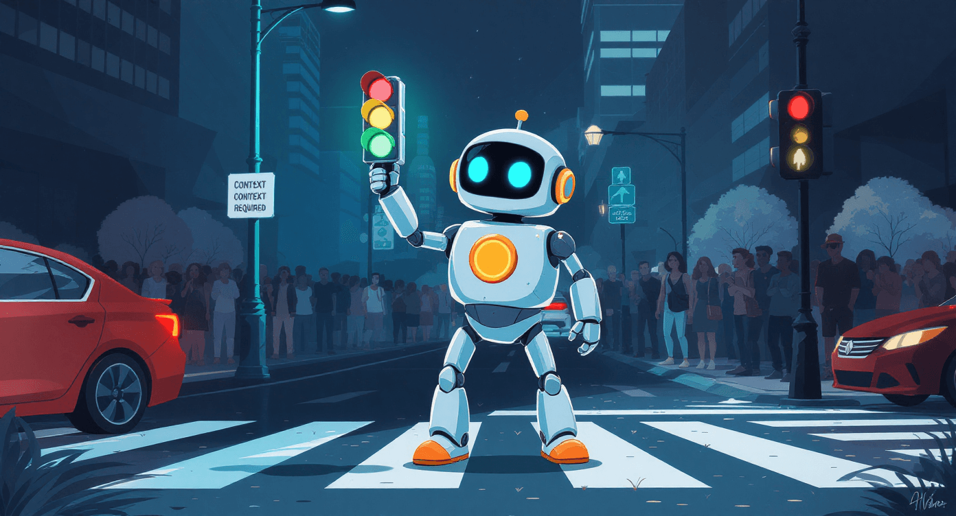 Confident robot stepping into traffic holding a green light representing how AI machine learning struggles with common sense and real world context