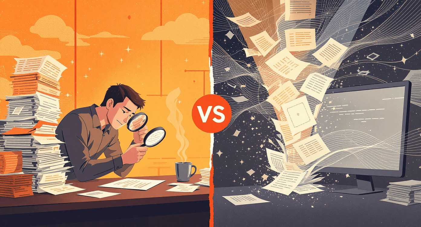 Split image showing human slowly analysing paperwork versus AI instantly processing the same data into patterns representing machine learning speed advantages