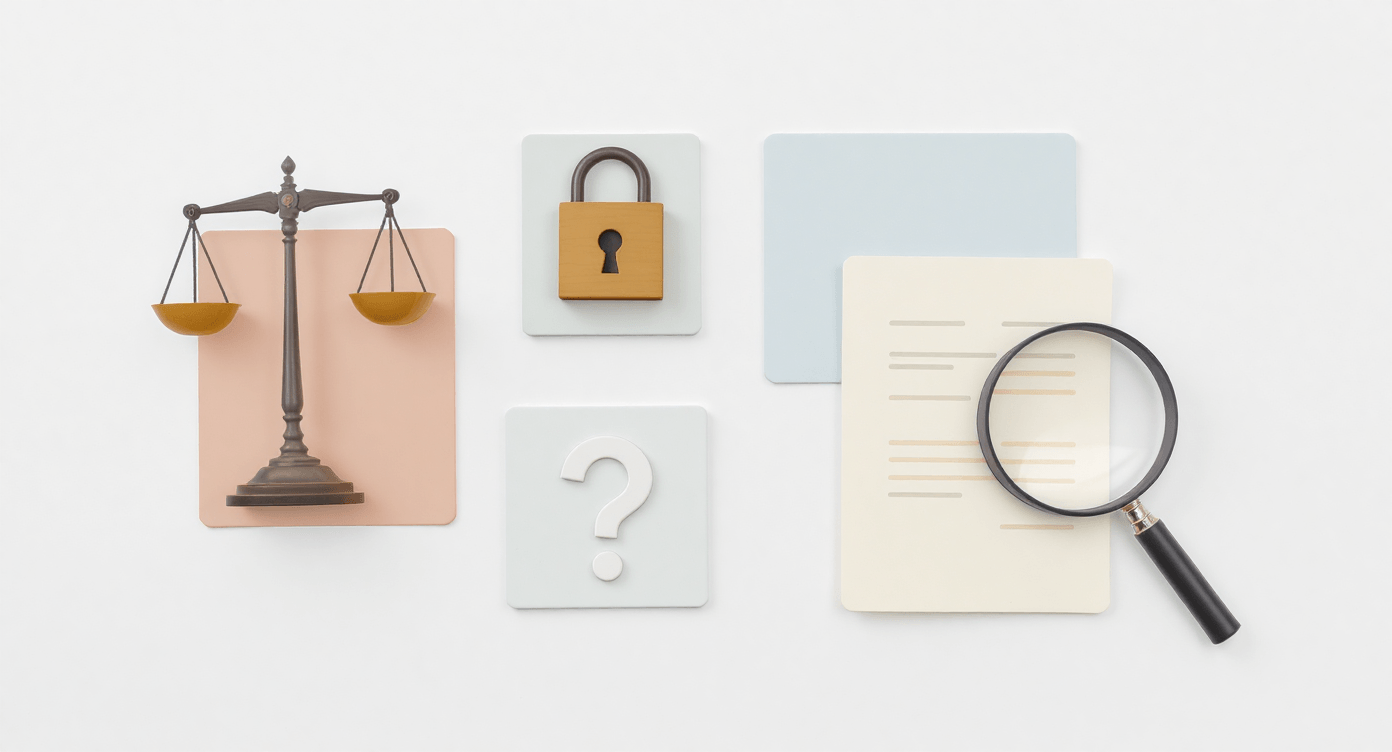 Flat lay of scales padlock question mark and magnifying glass representing the four main ethical issues with machine learning including bias privacy accountability and explainability
