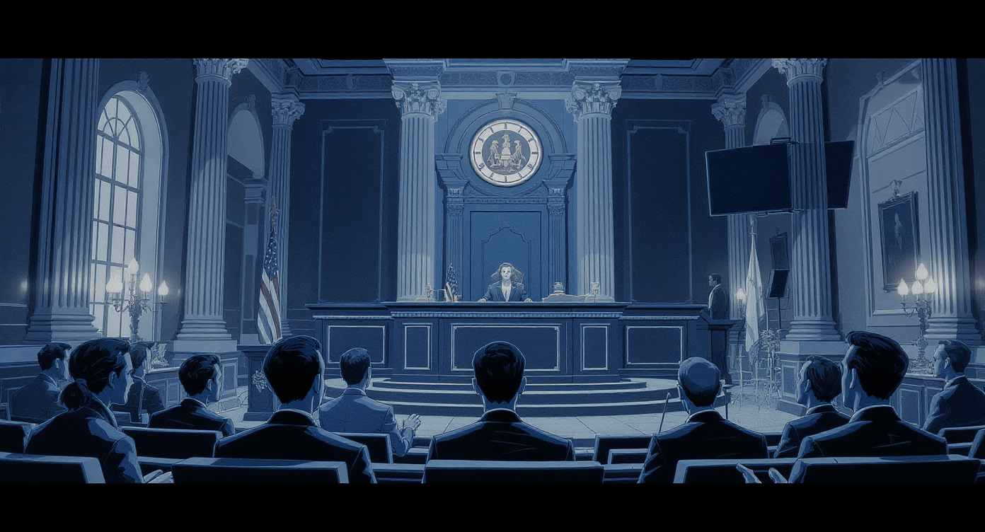 Robot in a courtroom dock with an empty chair labelled human responsible representing AI accountability and why humans remain responsible for machine learning decisions