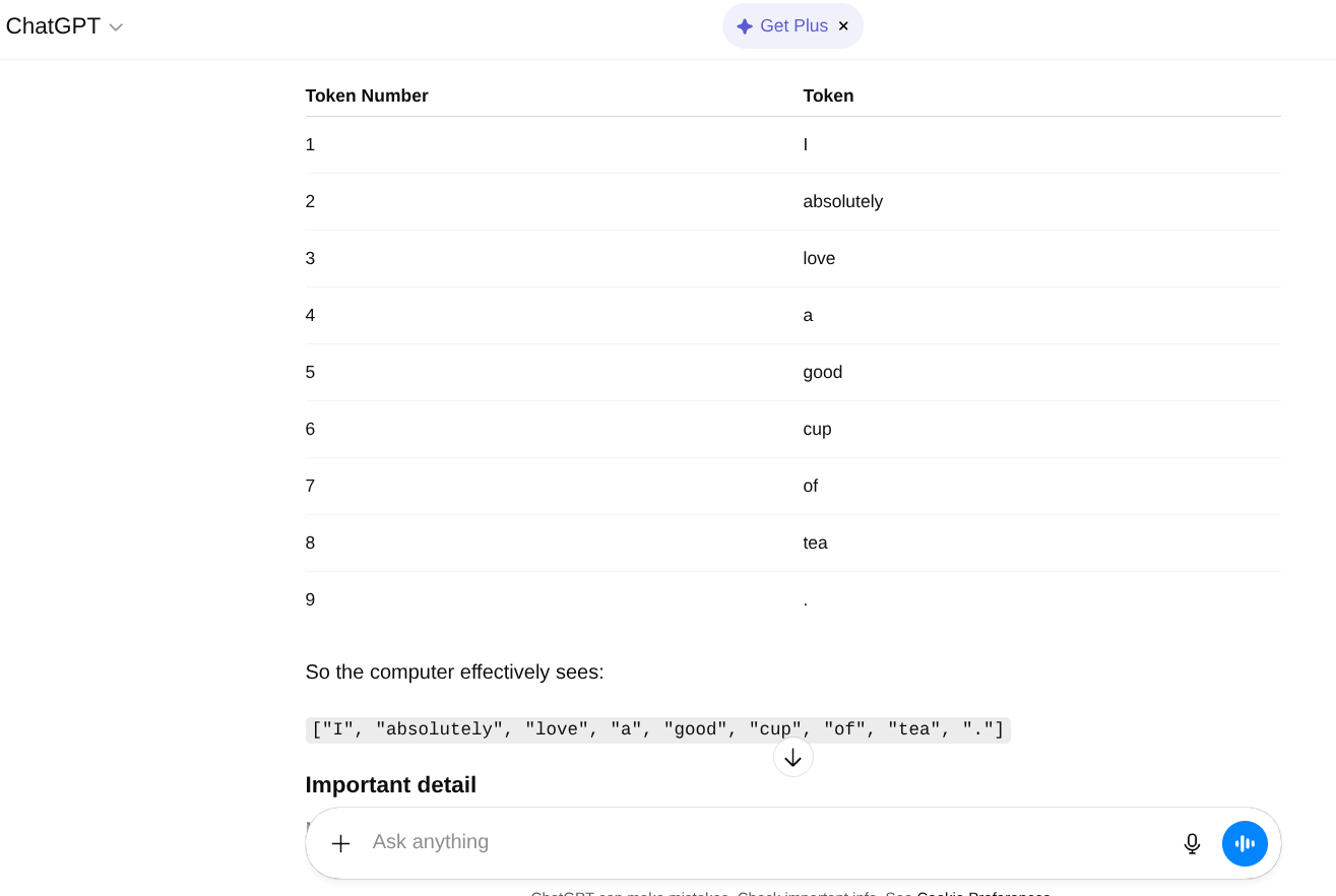 ChatGPT breaking a sentence into token fragments showing how NLP tokenisation works by splitting words into smaller pieces for AI processing