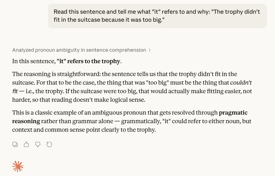 Claude AI correctly identifying which noun a pronoun refers to in an ambiguous sentence demonstrating how the NLP attention mechanism focuses on the most relevant words in context