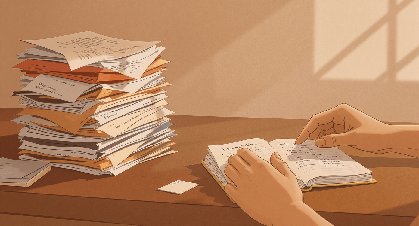 Hands transferring key notes from a large stack of documents into a small notebook representing how AI context compaction summarises long conversations to preserve meaning without losing important details