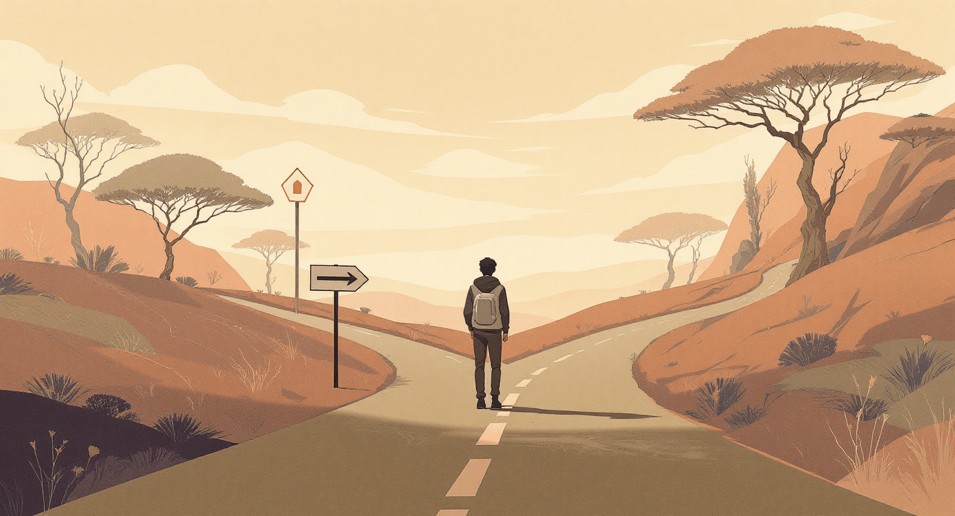 Person choosing between a short simple path and a longer complex route representing how Claude adaptive thinking allocates more processing time to complex or ambiguous inputs while answering simple questions instantly