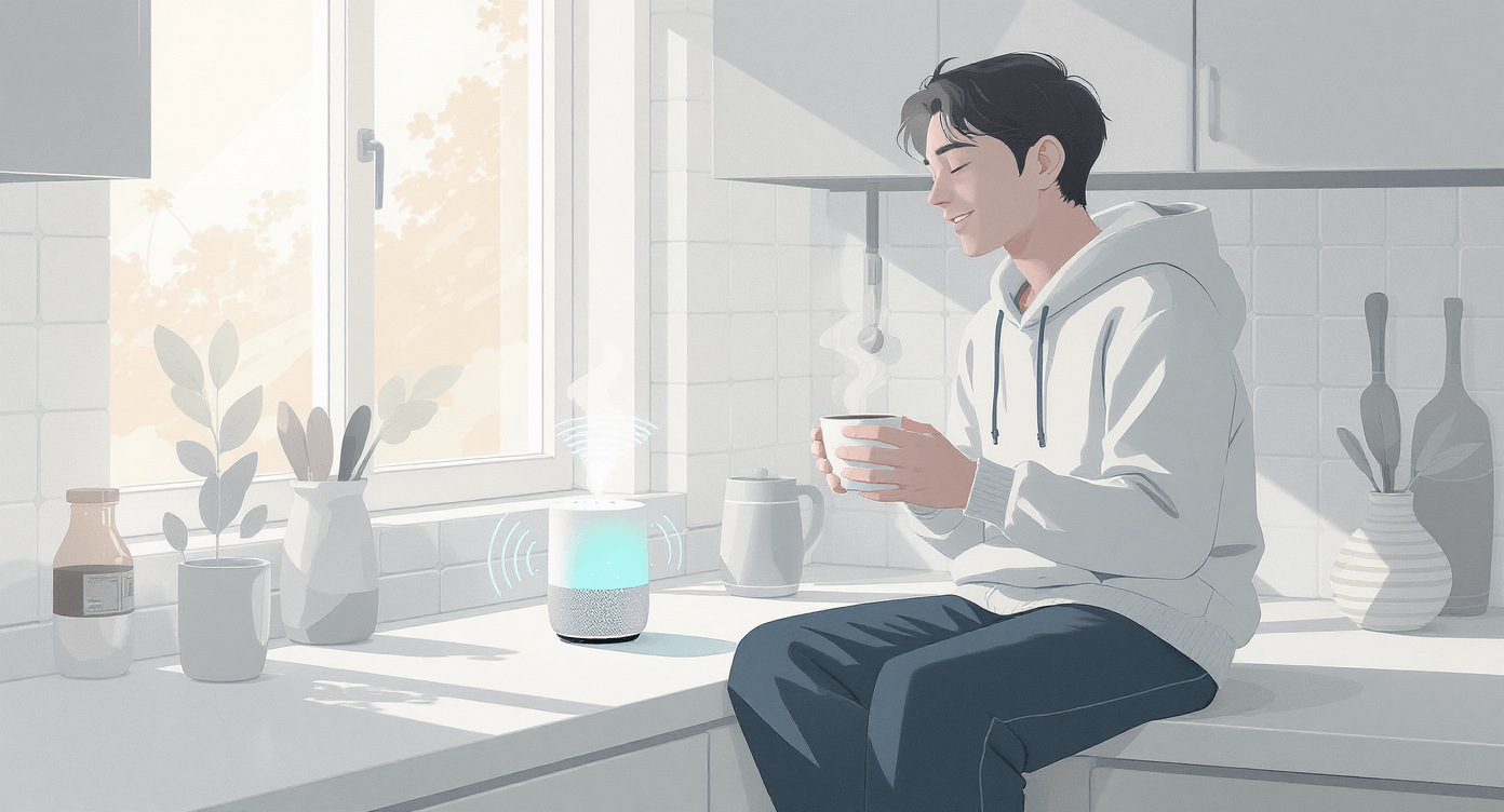 Person in kitchen talking to a smart speaker representing how NLP voice recognition technology processes spoken language in everyday home settings