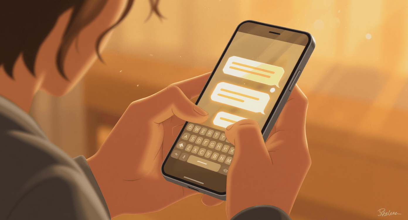 Close up of hands typing on a smartphone with predictive text suggestions visible above the keyboard showing how NLP powers autocomplete and word prediction on mobile devices