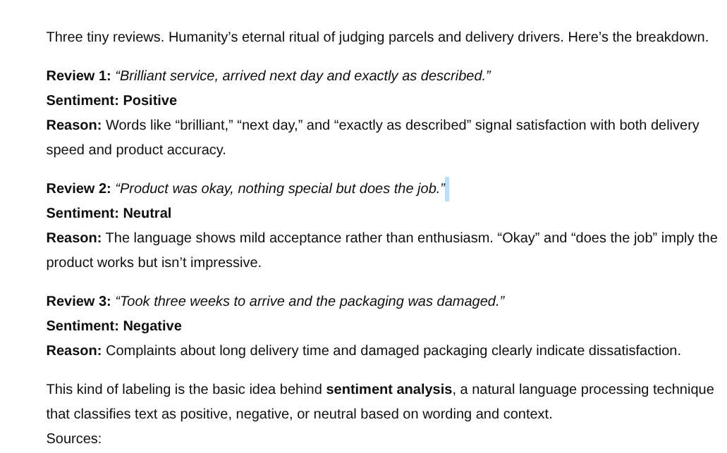 ChatGPT analysing three customer reviews and labelling them positive neutral and negative demonstrating how NLP sentiment analysis works for small businesses