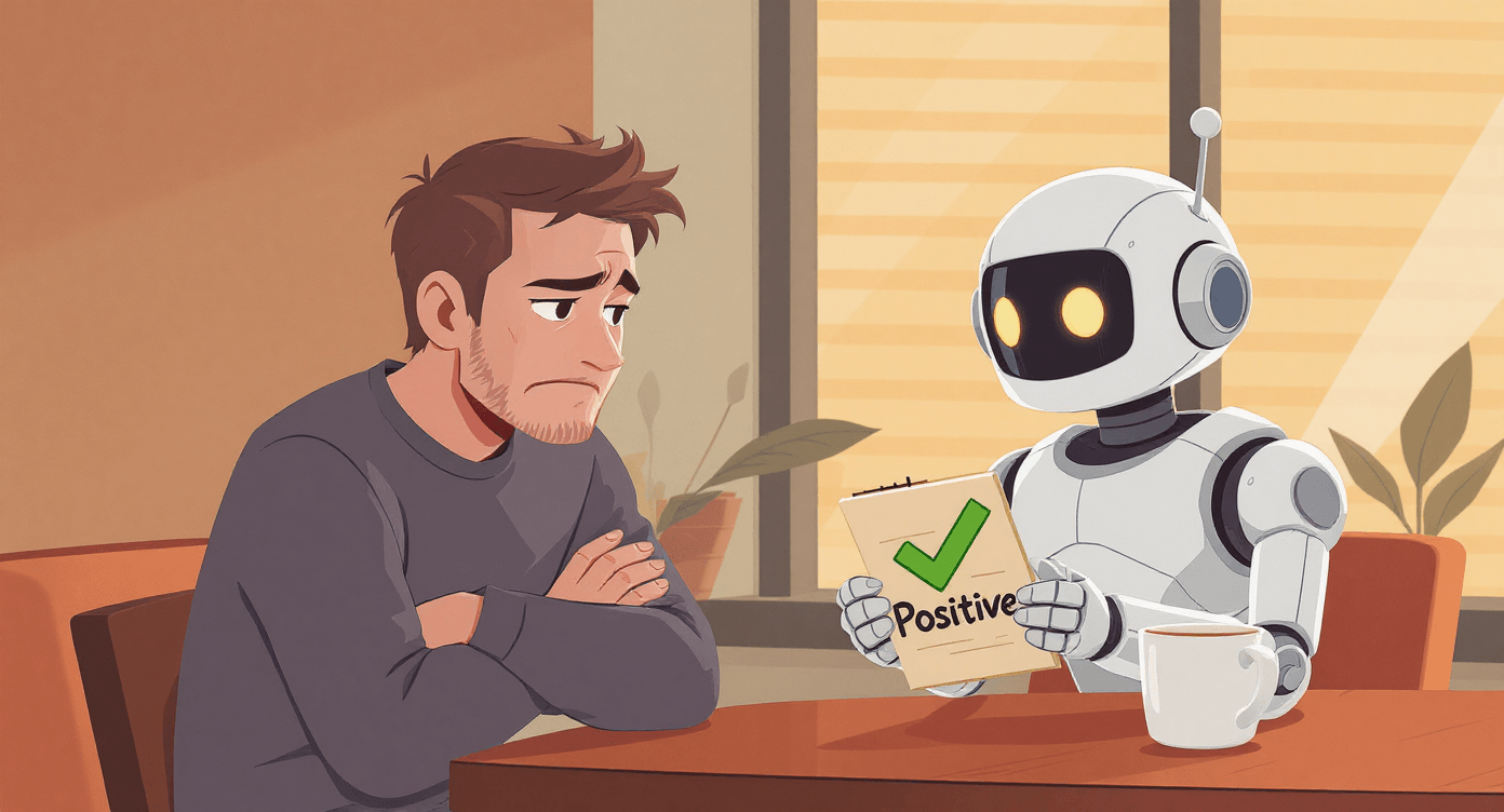 Person with a forced smile sitting opposite a cheerful robot marking their feedback as positive demonstrating how NLP misreads sarcasm and British understatement in sentiment analysis