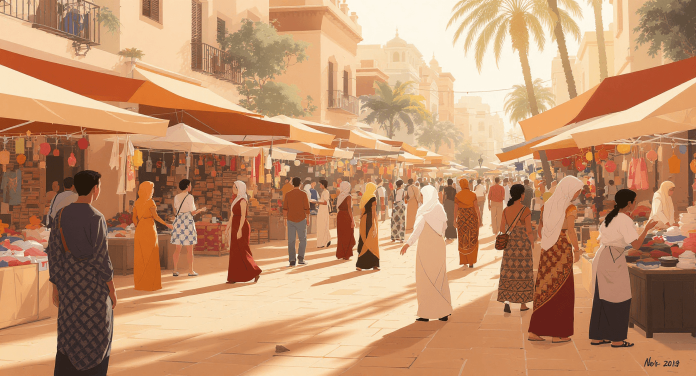 Diverse group of people communicating in different cultural styles in a busy market representing how NLP struggles with cultural and regional language variation in natural language processing