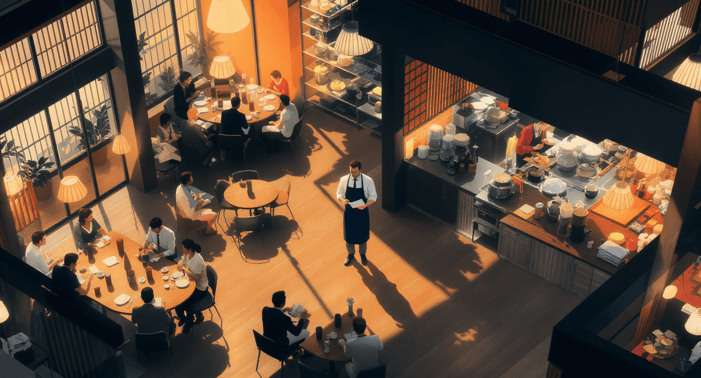 Waitstaff standing between a noisy restaurant and a calm kitchen representing how NLP translates messy human language into structured input that AI models can process