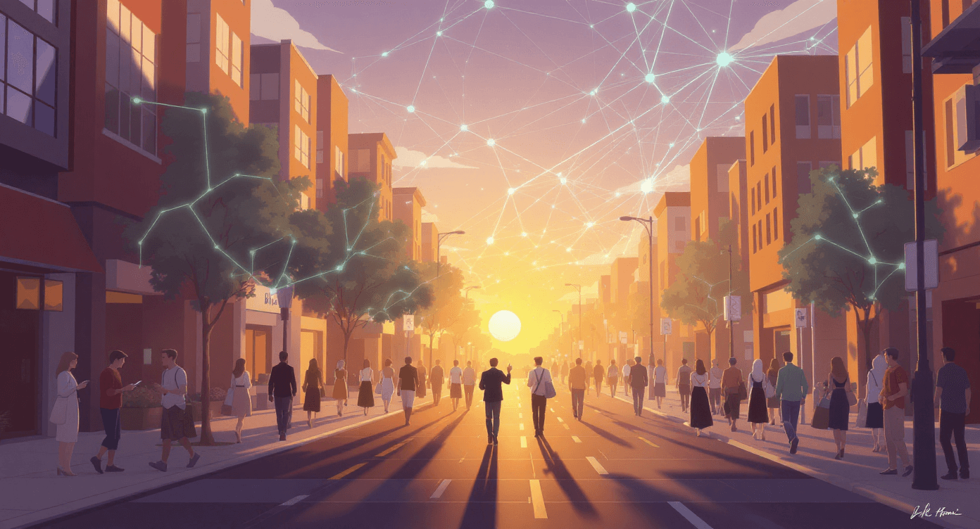 Busy city street with glowing lines connecting people to a network in the sky representing how natural language processing enables AI to understand and respond to human communication at scale