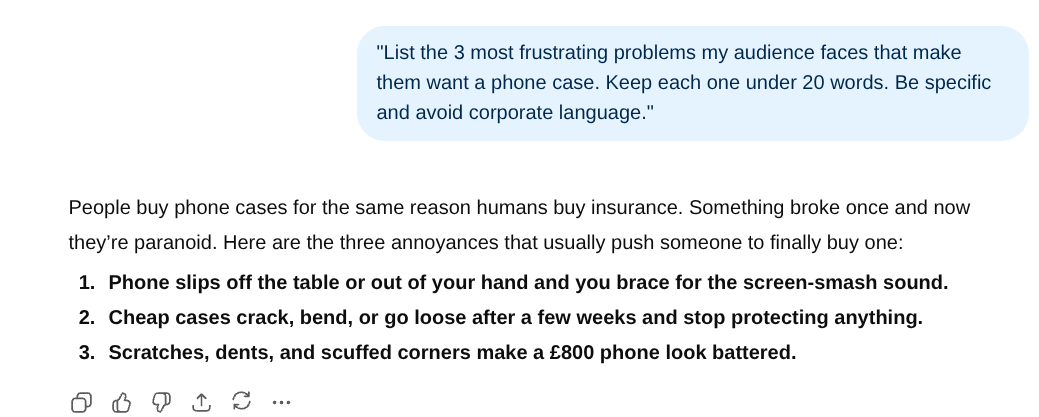 ChatGPT generating three specific customer pain points for an ad campaign using the pain point extractor prompt for small business advertising
