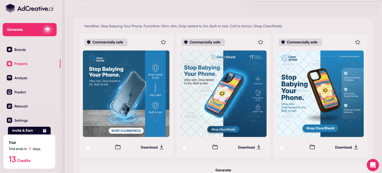 AdCreative.ai generating three conversion focused ad creatives for a phone case brand showing headline punchline and call to action variations produced automatically from a brand brief