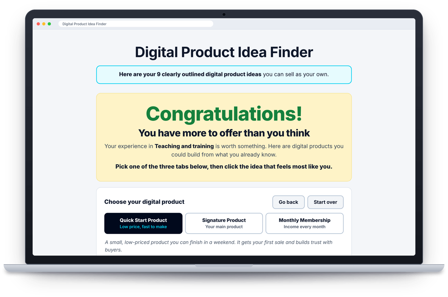 Digital Product Idea Finder results shown on a laptop.