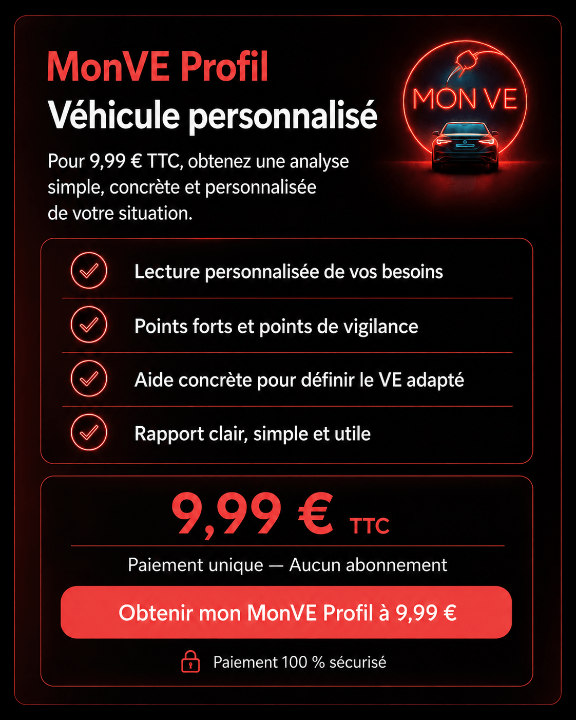 Offre MonVE Profil véhicule personnalisé à 9,99 € TTC, paiement unique