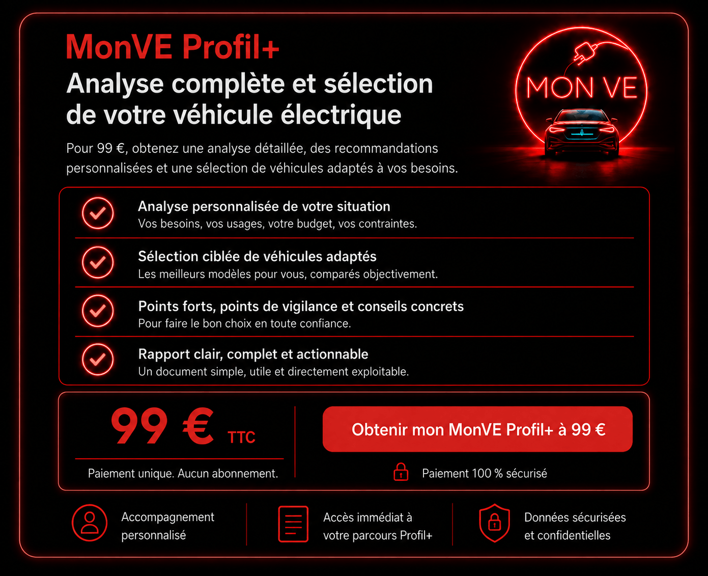 Offre MonVE Profil+ analyse complète et sélection de votre véhicule électrique à 99 € TTC