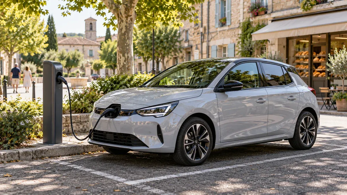 Voiture électrique branchée à une borne de recharge en courant alternatif dans un parking urbain