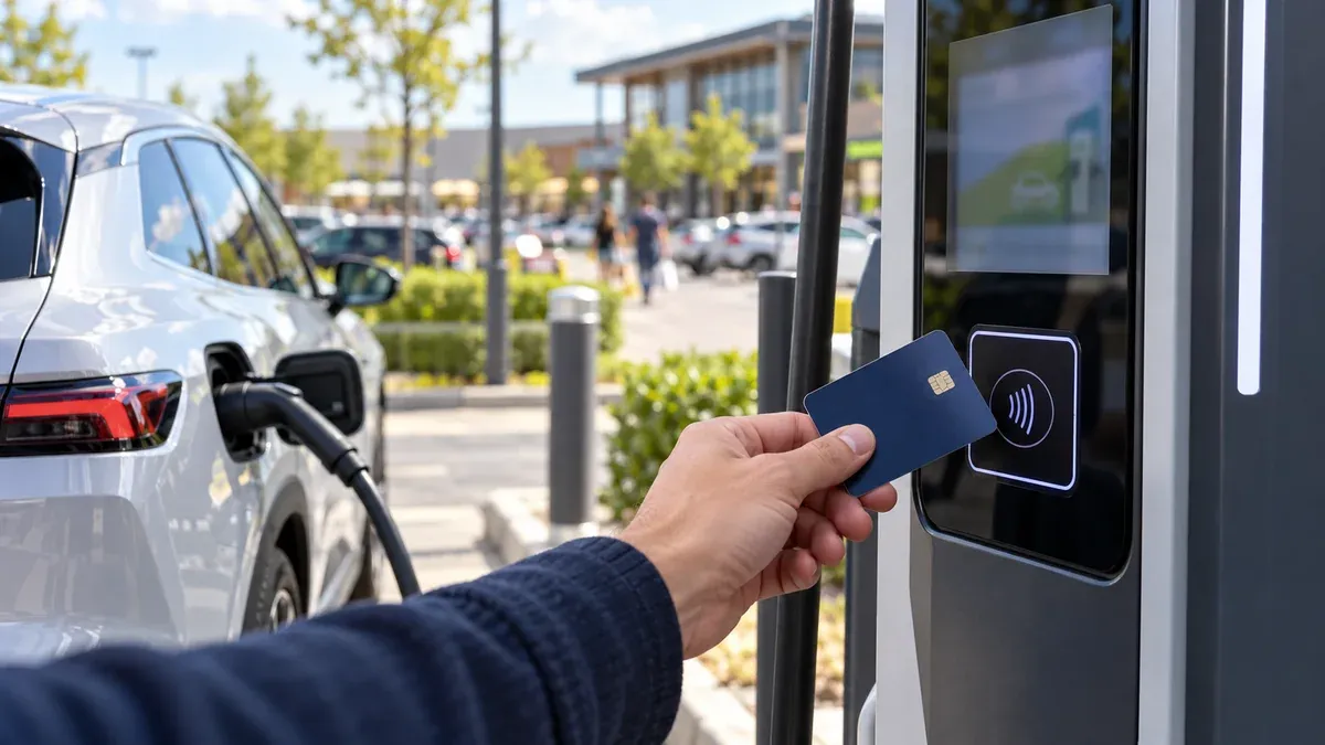 Paiement sans contact avec une carte bancaire sur le terminal d’une borne de recharge électrique
