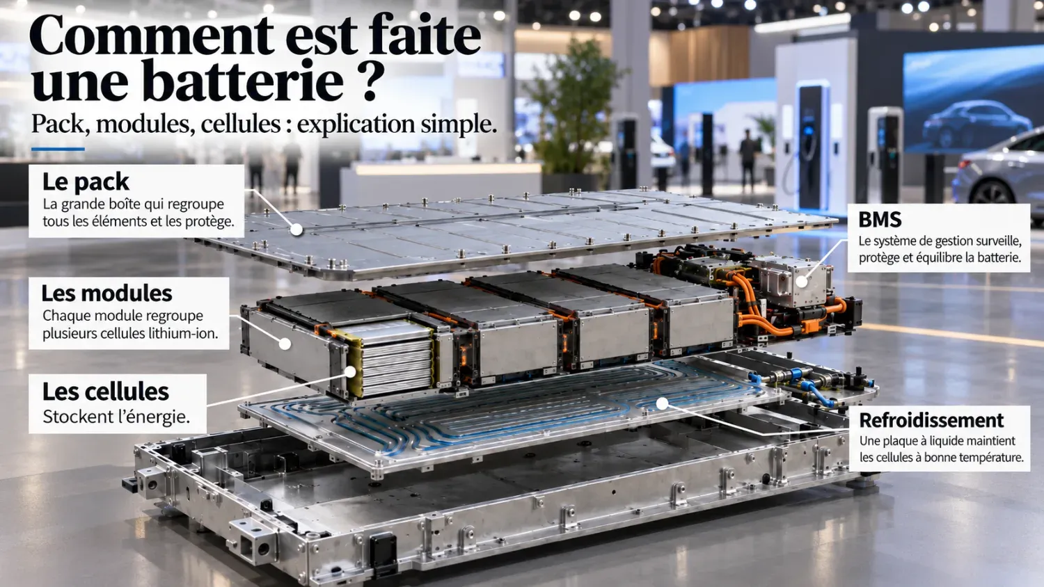 Pack batterie, modules, cellules, refroidissement et BMS