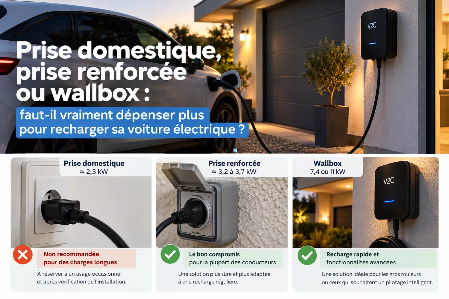 Illustration comparative prise domestique, renforcée et wallbox