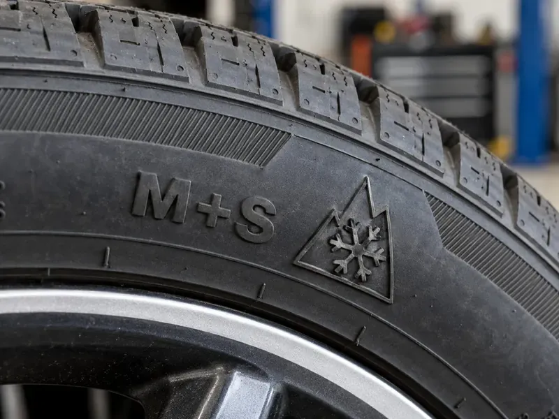 Gros plan sur marquages M+S et 3PMSF sur le flanc d'un pneu