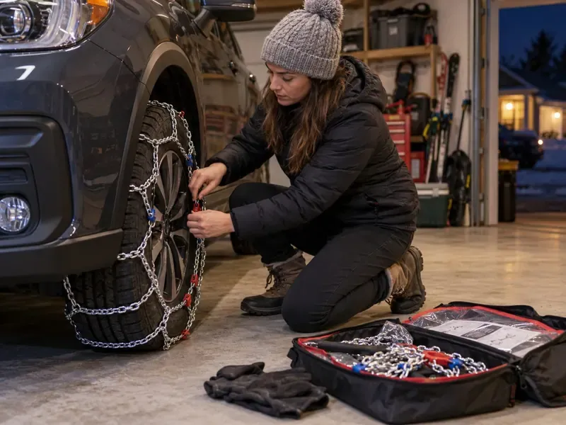 Personne testant le montage de chaînes à neige dans un garage avant un départ