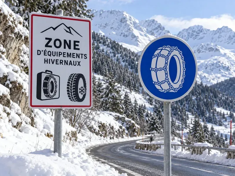 Illustration de panneaux signalant une zone d'équipements hivernaux et une obligation de chaînes