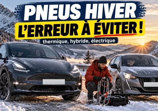 Tesla Model Y et Peugeot avec chaînes à neige dans un décor de montagne