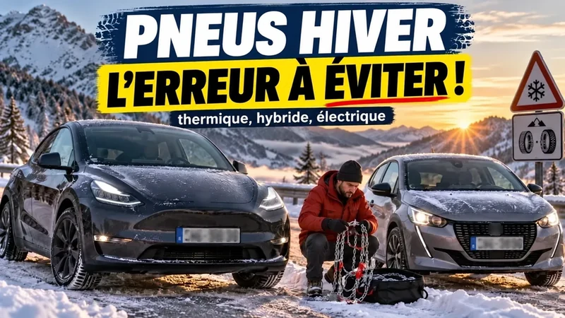 Pneus hiver : l'erreur à éviter, avec voiture thermique et électrique dans un décor de montagne enneigée