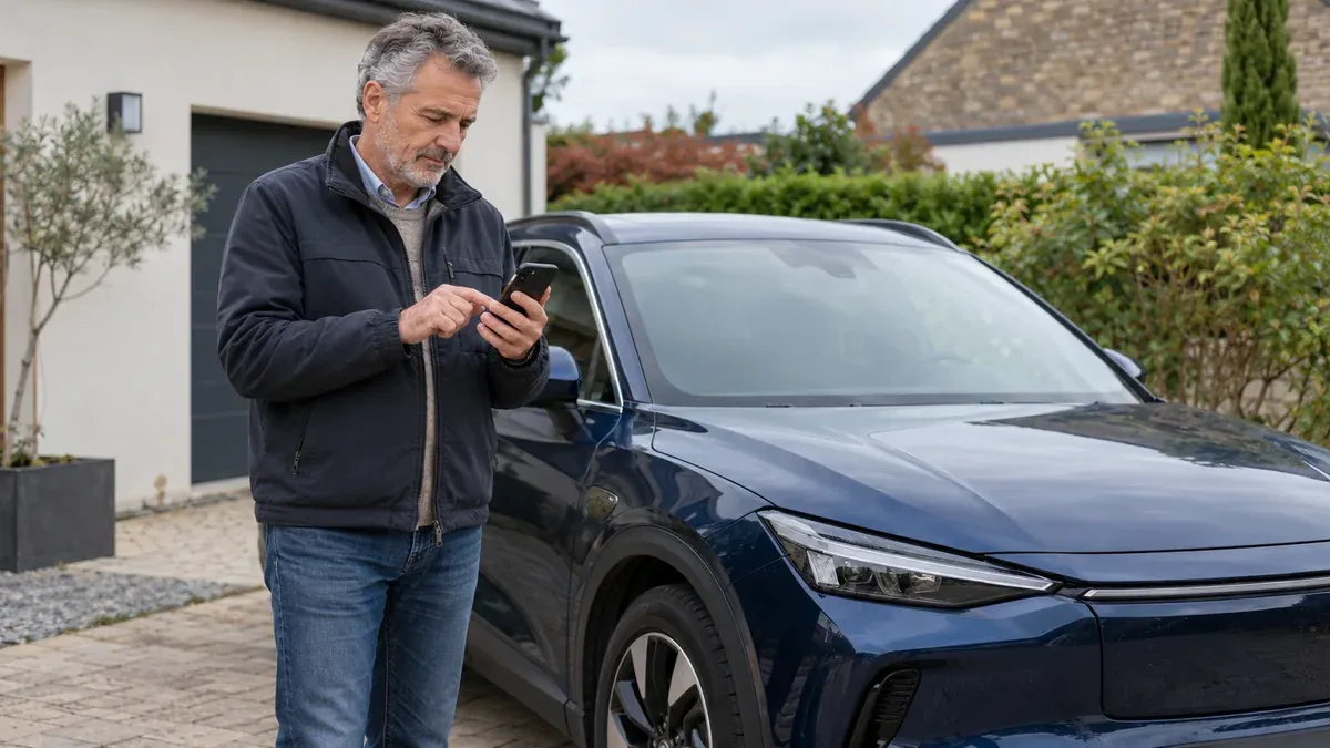 Conducteur consultant son téléphone près de sa voiture électrique stationnée dans une allée.