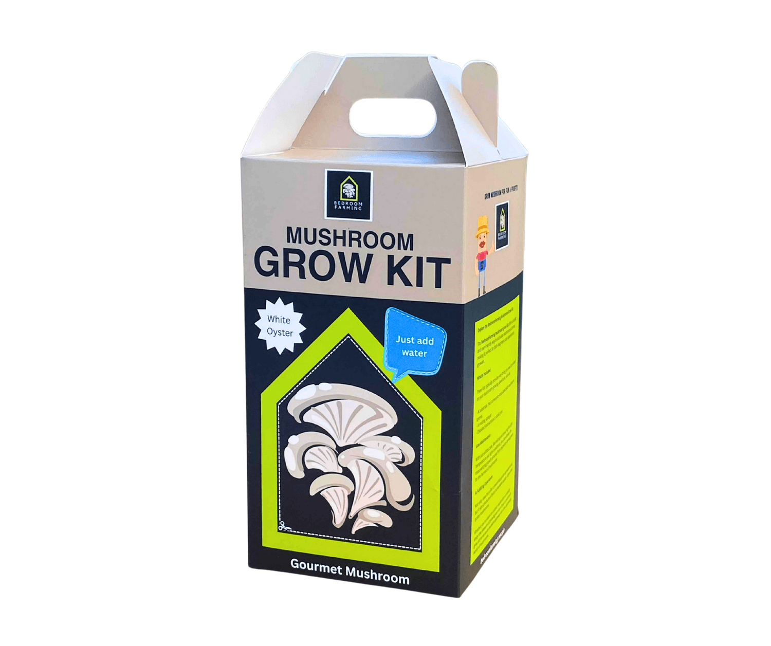 BedroomFarming complete mushroom grow kit box with sprayer cutter guide and recipe