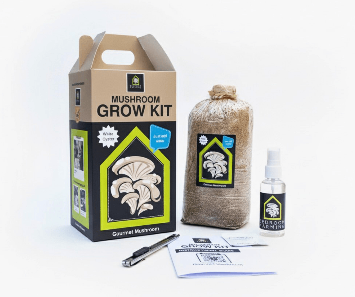 BedroomFarming mushroom kit unboxing complete tools and printed guide