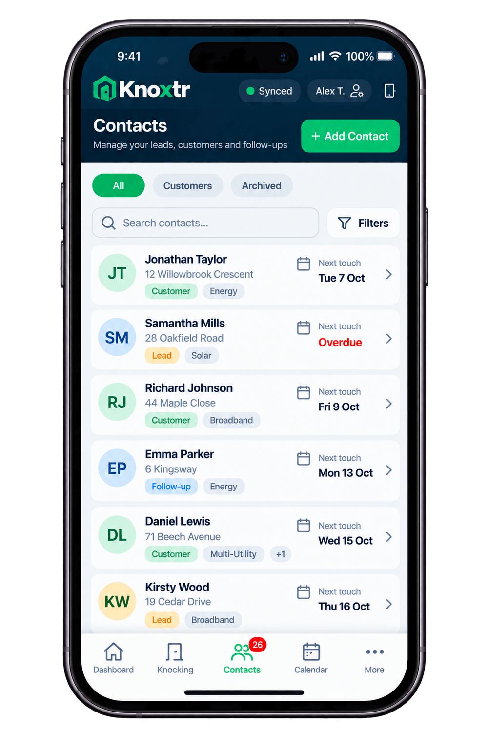 Knoxtr contacts and follow-up organisation on an iPhone