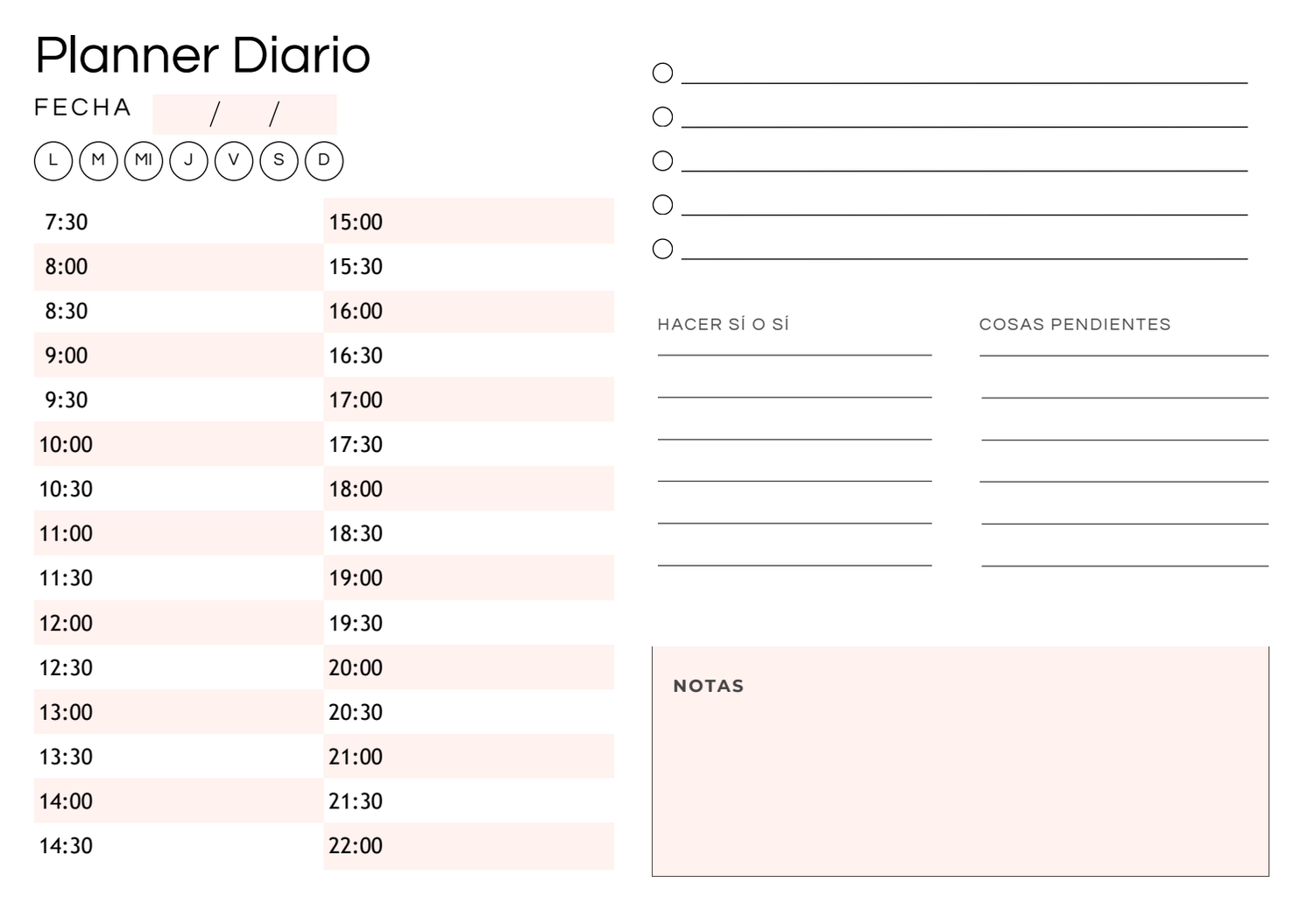 Planificador diario por horas para imprimir