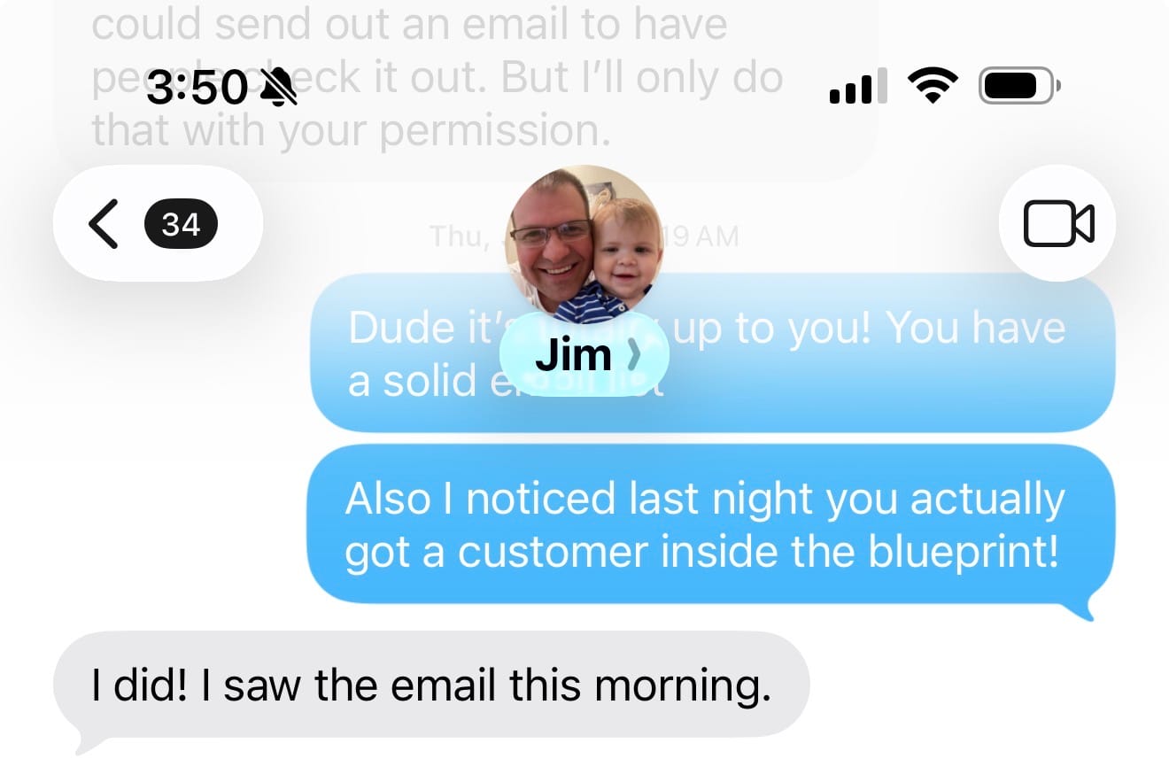 Text message documenting Jim's first sale