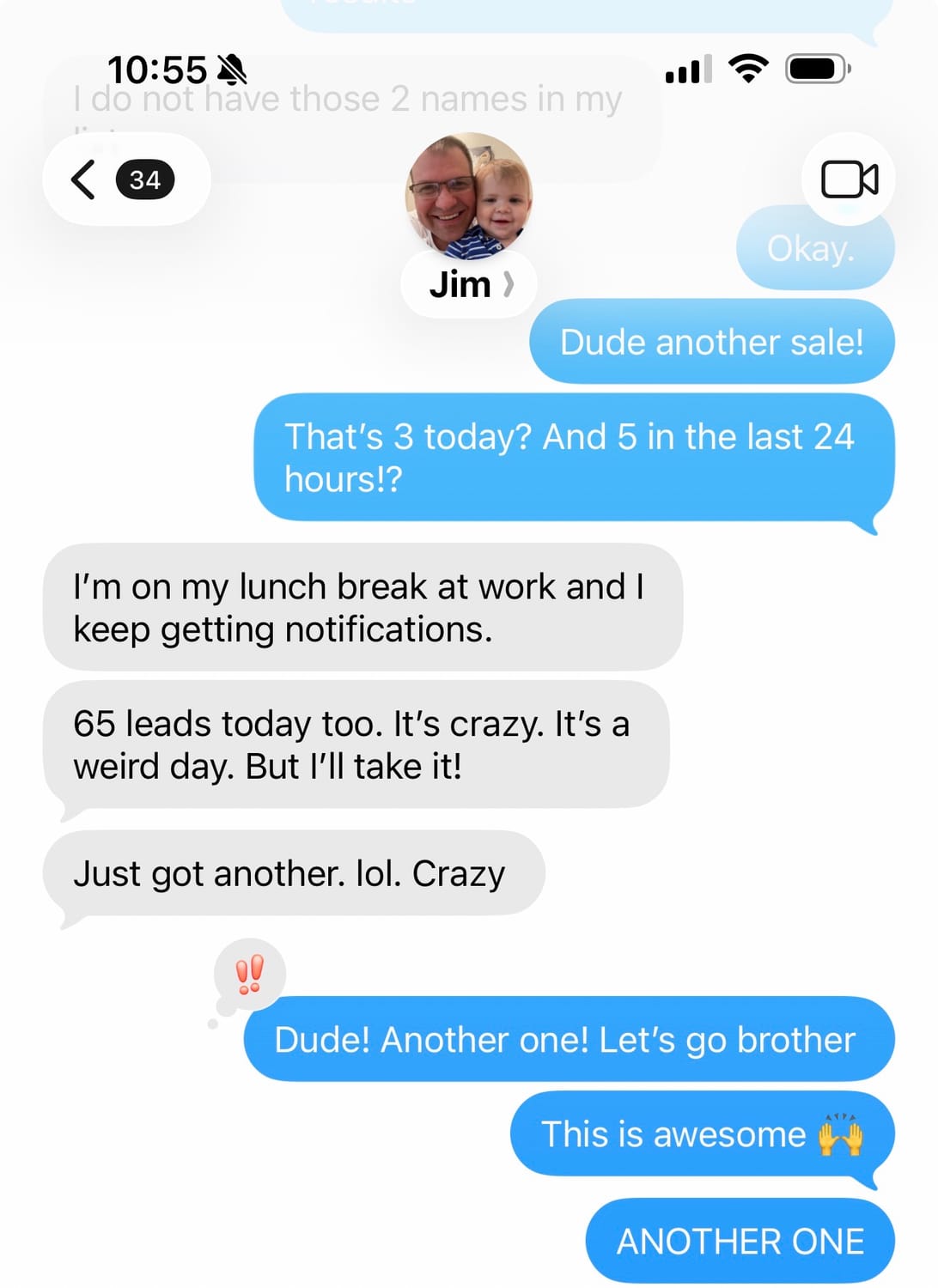 Text message confirming 65 leads in one day