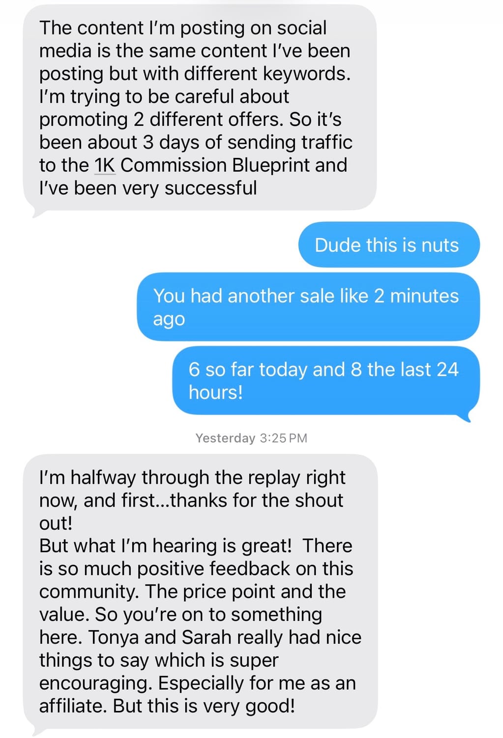 Text message confirming eight sales in 24 hours