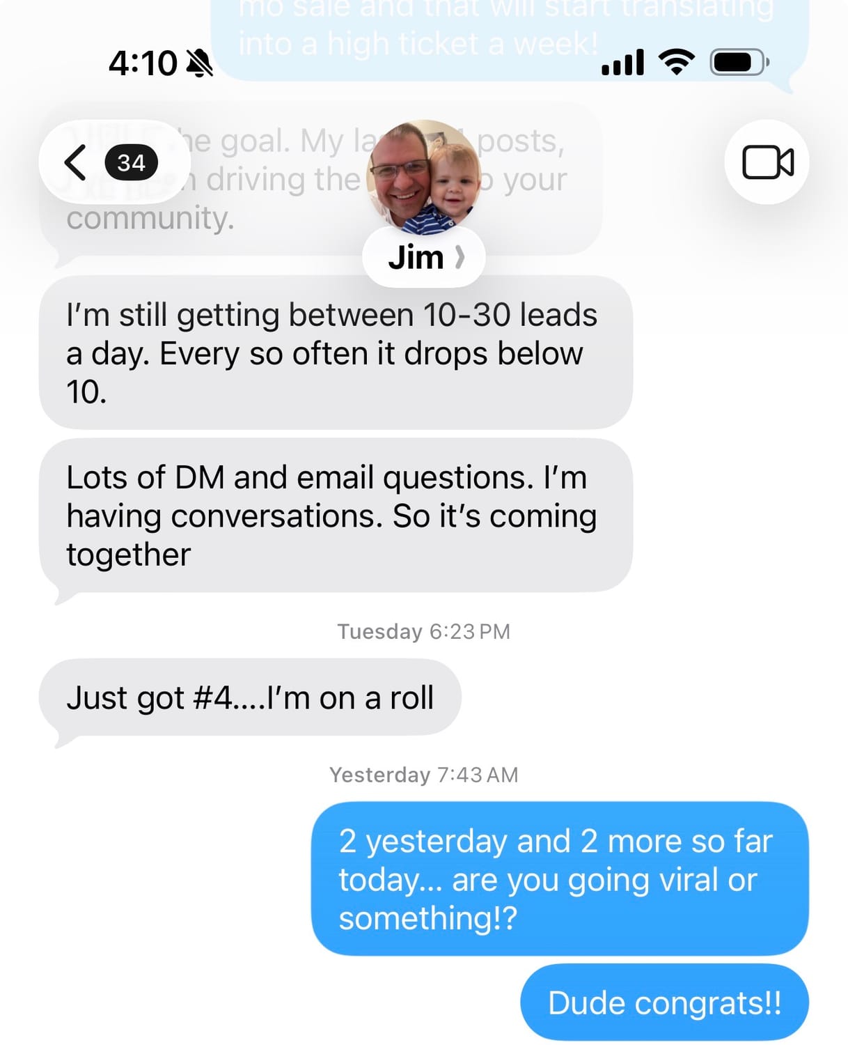 Text message documenting Jim's next sales