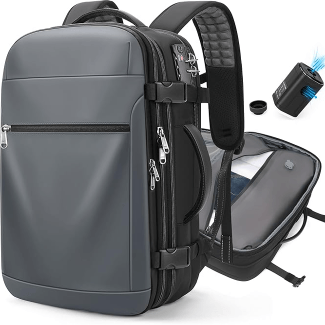 “Strategic Travel Vacuum Backpack – 60L Expandable, Water-Resistant Carry-On with TSA Lock for Stress-Free Packing”
