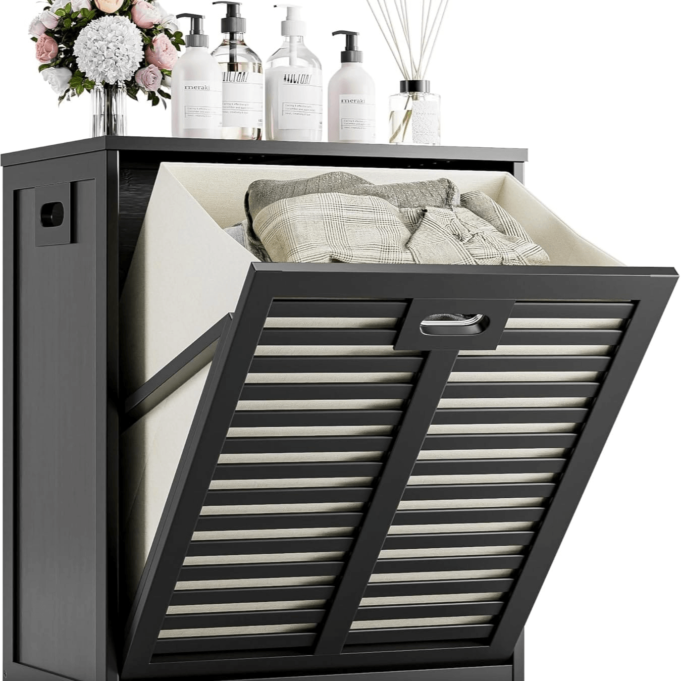 “HITNET Tilt-Out Bamboo Laundry Hamper – Wooden Cabinet with Dual Compartments for Clothes Storage and Organization”