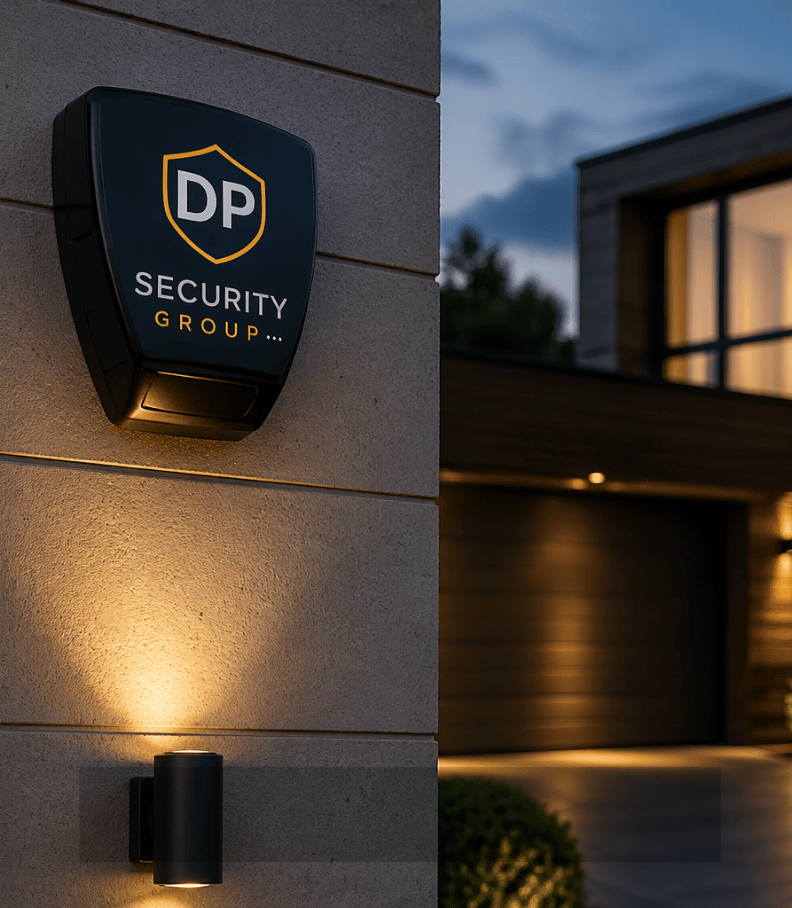 DP Security Group external alarm siren on modern UK home, professionally installed intruder alarm system for property protection.