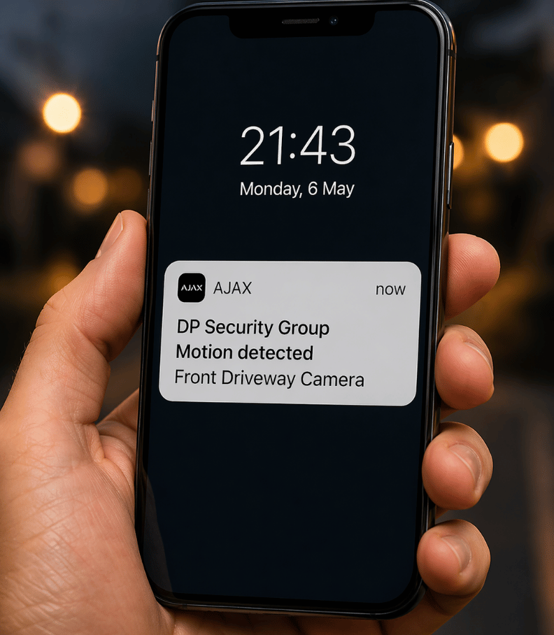 Mobile phone showing real-time CCTV motion alert notification from DP Security Group smart home security system.