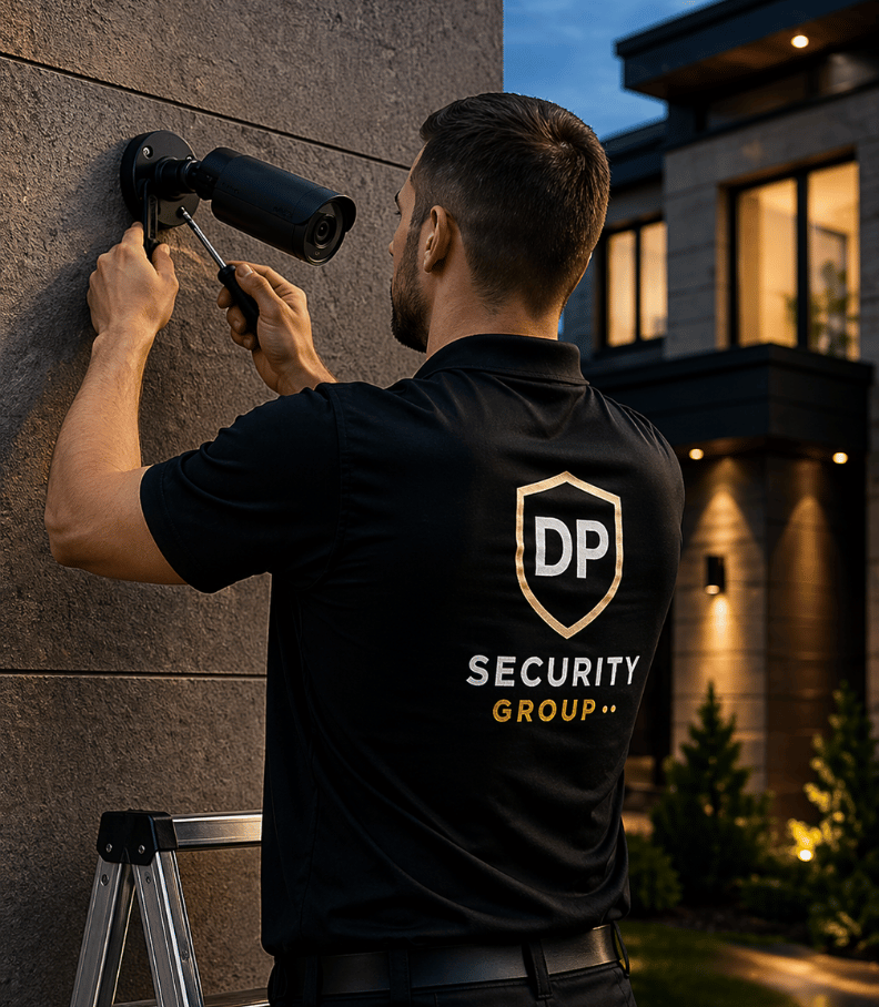 DP Security Group engineer installing CCTV camera on modern UK home, professional home security system installation.