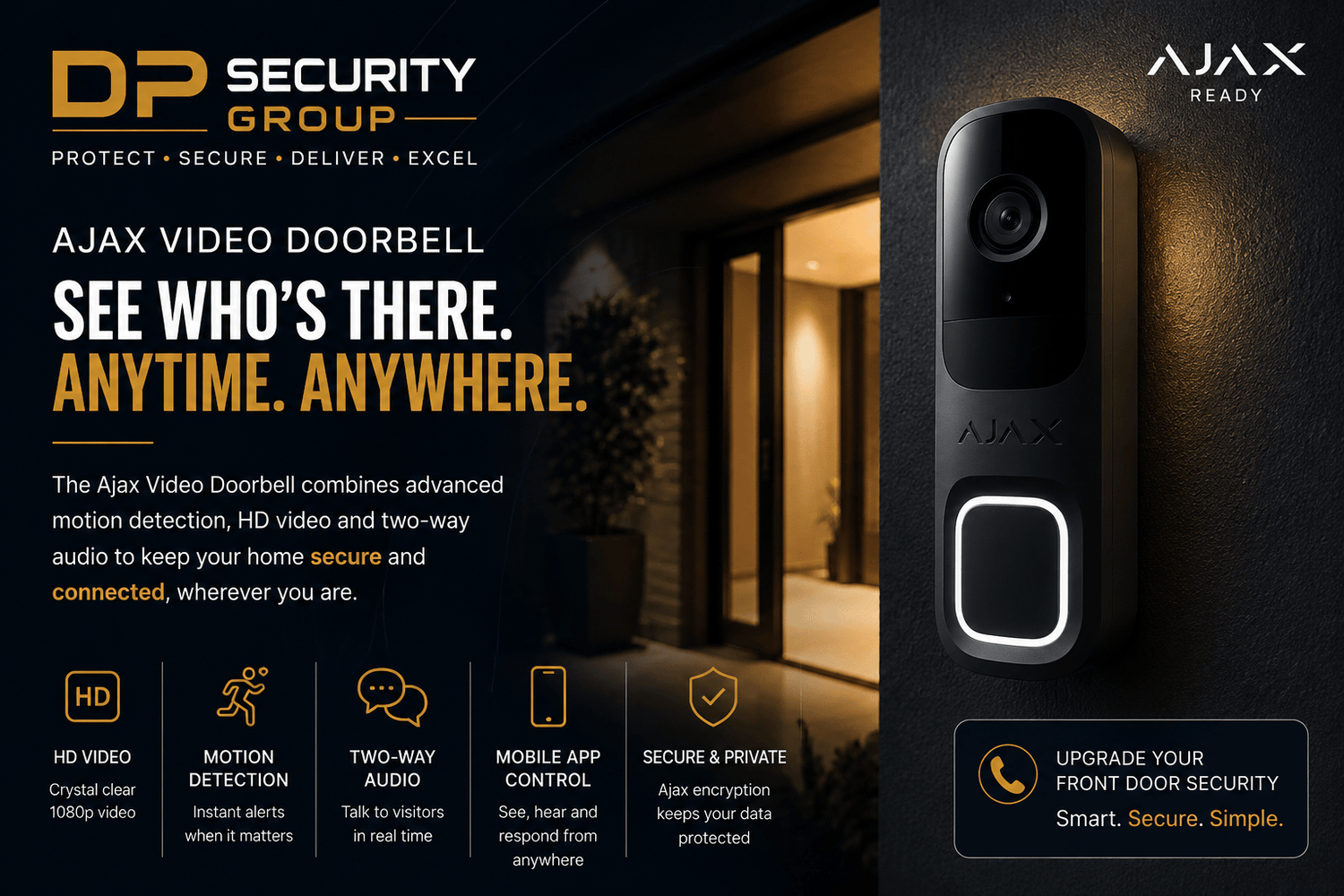 Professional Ajax Video Doorbell installed by DP Security Group providing smart front door security, HD video monitoring, motion detection and mobile app control for homes across London and Kent.